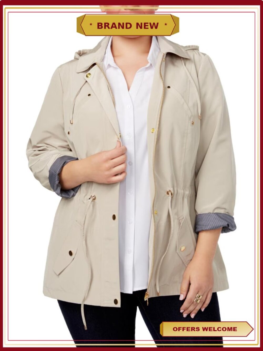 Plus Size Water Resistant Utility Jacket with Drawstring Hood